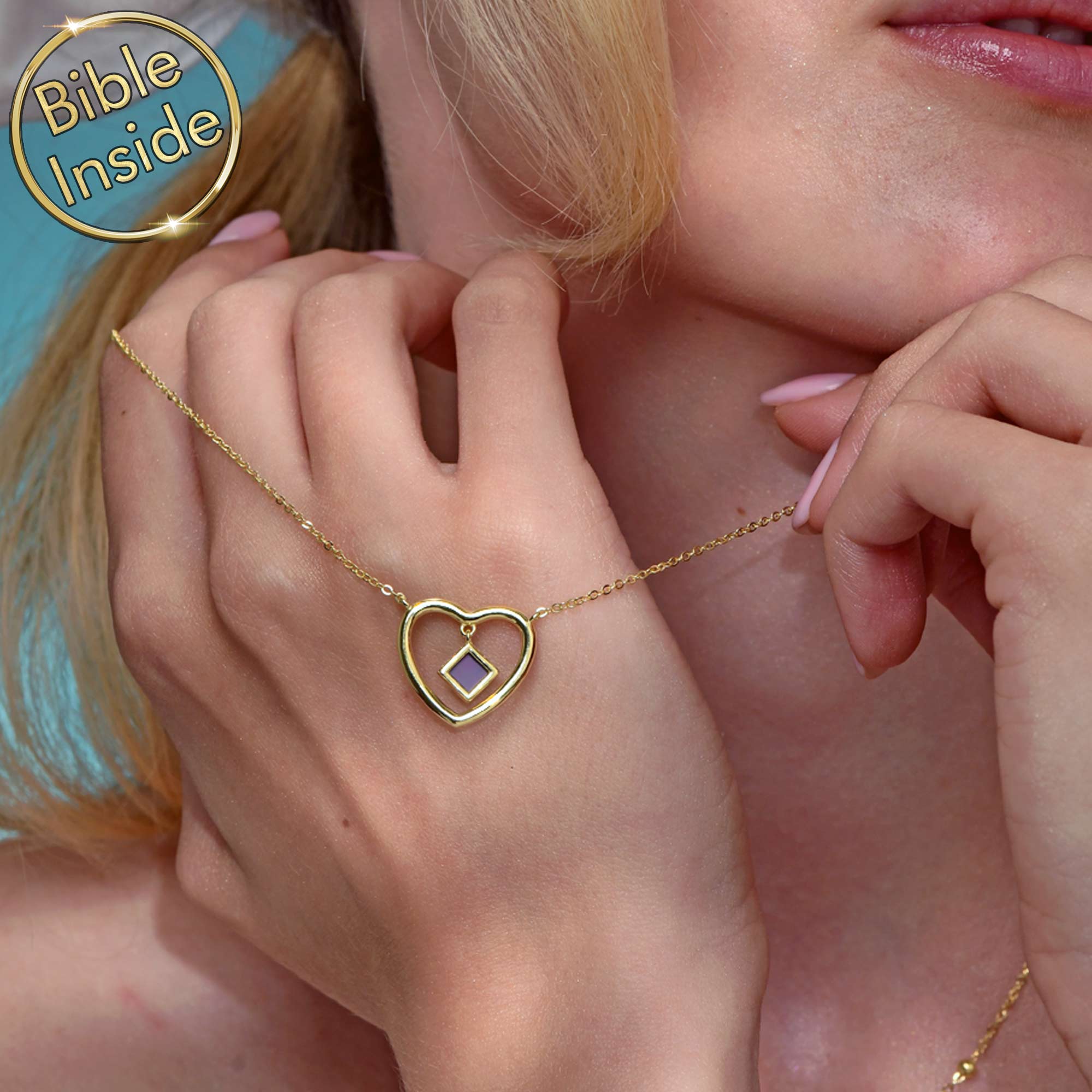 Miniature Bibles Heart Pendant Gold Necklace With Purple Gemstone by My Nano Jewelry